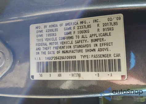 2009 Honda Accord 2.4 Lx-P z USA, uszkodzony, nr VIN 1HGCP26429A106909